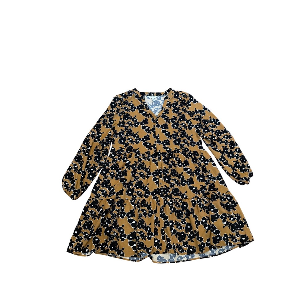 Nine West Floral Tiered Mini Dress Mustard Yellow Black White Long Sleeve L